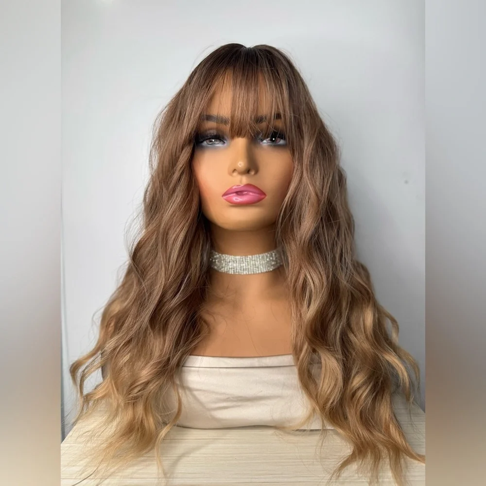 Long Wavy Synthetic Wig w/ Curtain Bangs – Mocha Brown Balayage – Natural Waves